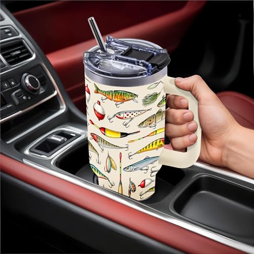 40 Oz Tumbler with Handle, Fishing Gifts for Men Dad Boyfriend | Animal Tumbler with Handle Fish Gifts for Fishemen, Stainless Steel Insulated Tumblers, Animal Lovers Gift for Birthday - color: Fishing-White