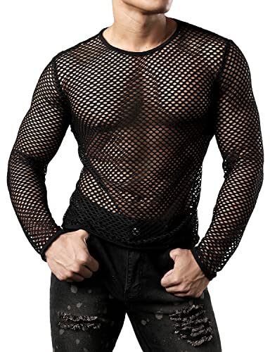 JOGAL Mens Fishnet Mesh Long Sleeve Shirt Fitted Muscle Top - color: Black, size: XX-Large