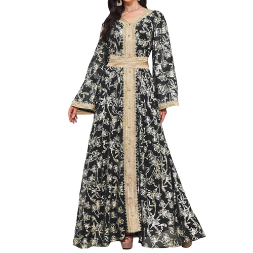 Abaya Muslim Dress for Women V Neck Belted Embroidered Floral Maxi Kaftan Islamic Dubai Arabian Evening Dress - color: Black, size: X-Large