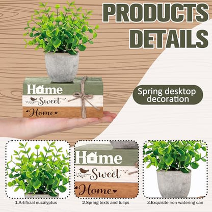 Wesiti 4 Pcs Spring Table Centerpieces with Fake Eucalyptus Pot Plant Home Sweet Home Decoration Farmhouse Tiered Tray Tabletop Decor Wooden Stack Book Block Sign for Desk Shelf Housewarming Gift - style: Classic