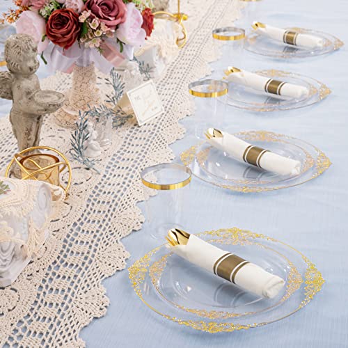 Hioasis 175pcs Clear and Gold Plastic Plates - Elegant Disposable Dinnerware Set Suitable for 25 Guests Include 10.25" Dinner & 7.5" Dessert Plates, Pre Rolled Silverware Set, Cups for Party & Wedding - color: Clear and Gold