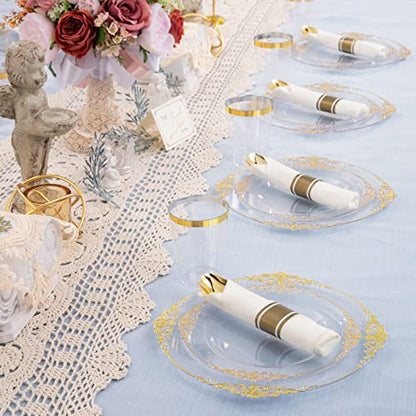 Hioasis 175pcs Clear and Gold Plastic Plates - Elegant Disposable Dinnerware Set Suitable for 25 Guests Include 10.25" Dinner & 7.5" Dessert Plates, Pre Rolled Silverware Set, Cups for Party & Wedding - color: Clear and Gold