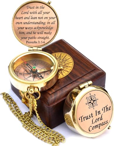 Trust in The Lord With All Your Heart - Proverbs 3:5-6 Quote Engraved Compass With Wooden Box, Greeting Card, Gift Compass, Graduation Day Gifts 2024 for Women Men Boys Girls - style: #2 Trust in The Lord Compass -Proverbs 3: 5-6