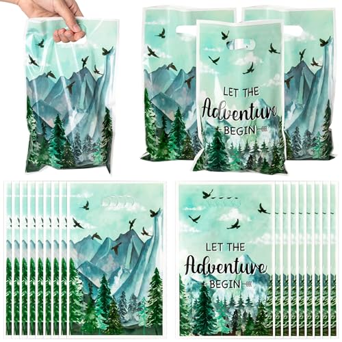 ANGOLIO 50Pcs Let the Adventure Begin Party Favor Bags, Adventure Tour Plastic Loot Gifts Bags, Camping Goody Candy Treat Packaging with Handles for Kids Camping Tour Themed Birthday Party Supplies - color: Watercolor Adventure