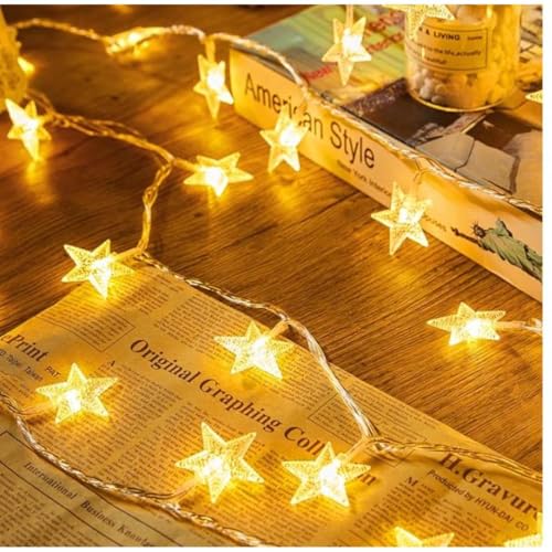 Star String - 17 ft 50 LED Star Fairy String Lights with Timer, Waterproof for Indoor Bedroom Tent Loft Bed Patio Party Wedding Ramadan Decorations, Warm White