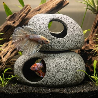 Aquarium Cave Decor - 2 PCS Natural Fish Tank Rocks for Betta Hideout and Shrimp Breeding, Hand-Polished Smooth Edges, PH Neutral, Ideal for 5-20 Gallon Tanks, Aquascaping Stone Ornaments - style: Small+Large-2 PIECES SET