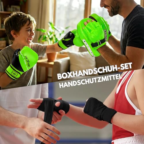3-in-1 Boxing Gloves and Punching Mitts Set for Kids, Boxing Mitts Focus Pads with Hand Wraps for Kid, Youth Leather Punching Equipment Gloves Set for MMA, Karate, Muay Thai, Taekwondo - color: Green