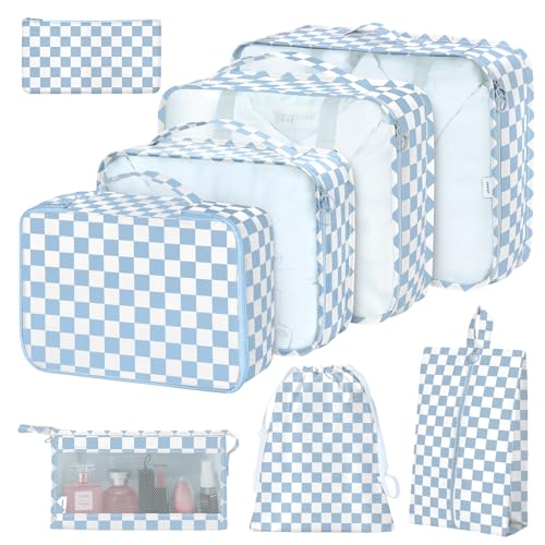 8 Set Packing Cubes for Suitcases, Packing Cube with Shoe, Cosmetics, Clothing, Accessories Bags Packing Cubes for Travel Luggage Organizer Women Men(Blue Checkered) - color: Blue Checkered