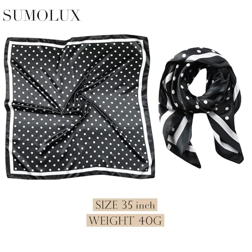 Sumolux Head Hair Scarf for Women 35" Like Satin Silk Scarf Hair Wrapping Night Bandana Large Square Scarves - color: B Black Polka Dots