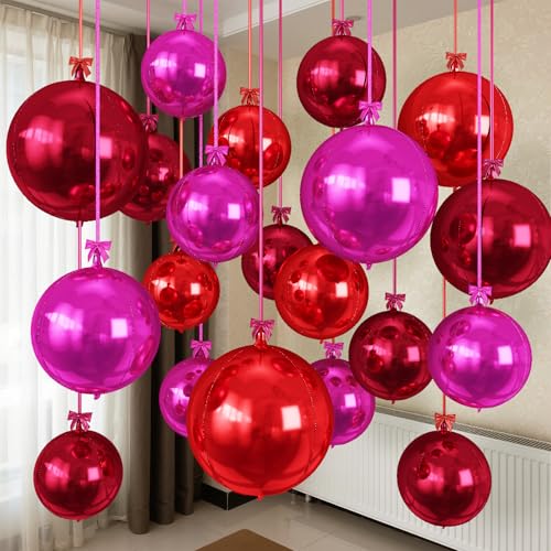 Togvu Burgundy Red Pink Balloons, 15PCS Different Sizes 4D Metallic Balloon Large Sphere Mirror Ball Balloons for Women Birthday Prom Graduation Bachelorette Bridal Party Ceiling Decorations - color: Burgundy Red Hot Pink