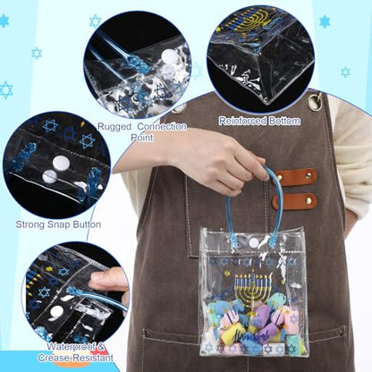 Aliceset 24 Pcs Hanukkah Gift Bags Bulk PVC Tote with Handles Clear Reusable Favor Bags with Star of David & Menorah Design for Hanukkah Party Decorations Supplies, 6.31" x 5.91" x 3.15" - style: Hanukkah