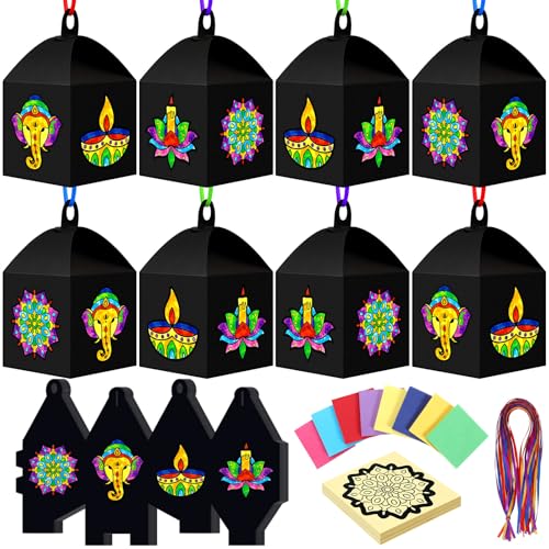 Maitys 16 Set Diwali Craft Kit DIY Paper Lanterns Hanging Ornaments with Tissue Paper Ribbon and Adhesive Dots for Party Decorations Activities and Gifts - style: Diwali