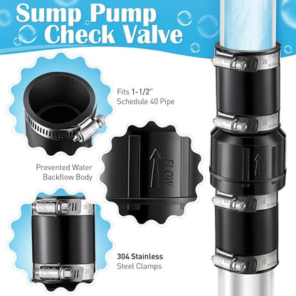 Threlaco 1 Pack Sump Pump Check Valve Fit 1-1/2 inch and 1-1/4 inch Pipe, Check Valve with 4 Pcs Stainless Steel Hose Clamps for Sump Pump Life Expectancy Increase