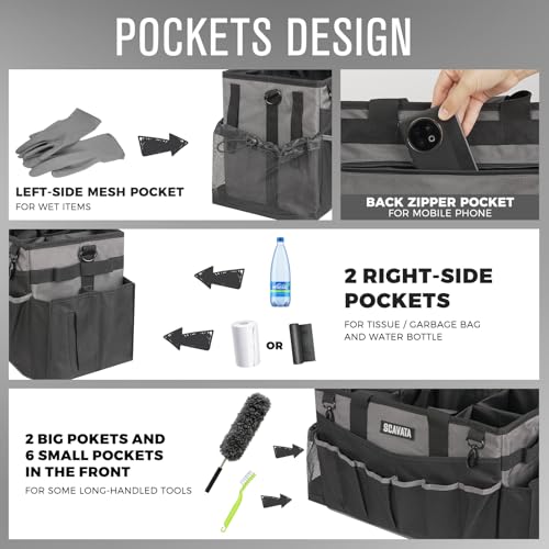 SCAVATA Wearable Cleaning Caddy Bag, Cleaning Caddy Supplies Organizer with Handle & Shoulder Straps for Housekeepers, Under Sink & Car Cleaning Tool Organizers with 4 Foldable Divider (DarkGrey) - color: DarkGrey