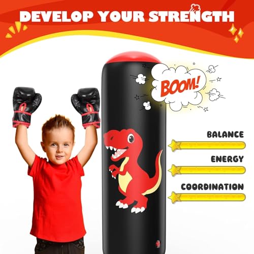 QPAU Inflatable Punching Bag, 48 Inch Stable Inflatable Boxing Bag for 3-6 Kids,Dinosaur Toy & Gifts for Boys and Girls, Kids Boxing Set for Practicing Karate, Taekwondo - color: Dinosaur Red
