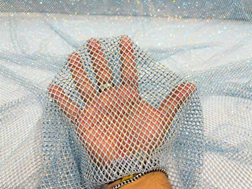 New Creations Fabric & Foam Inc, 45" Wide AB Iridescent Rhinestone On Soft Stretch Fish Net Fabric by The Yard (1 Yard, Iridescent Rhinestones on Light Blue Mesh) - color: Iridescent Rhinestones on Light Blue Mesh