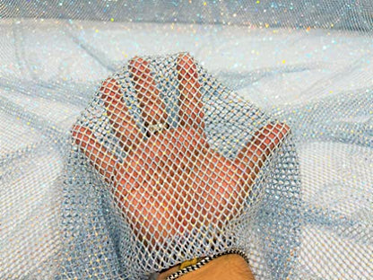 New Creations Fabric & Foam Inc, 45" Wide AB Iridescent Rhinestone On Soft Stretch Fish Net Fabric by The Yard (1 Yard, Iridescent Rhinestones on Light Blue Mesh) - color: Iridescent Rhinestones on Light Blue Mesh