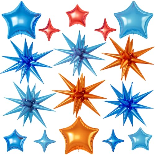 Orange and Blue Star Balloons, 22/18/10 Inch Foil Balloons, Four-Pointed Balloon for Girl Boy Birthday Wedding Baby Shower Magic Party Decorations - color: Orange Blue