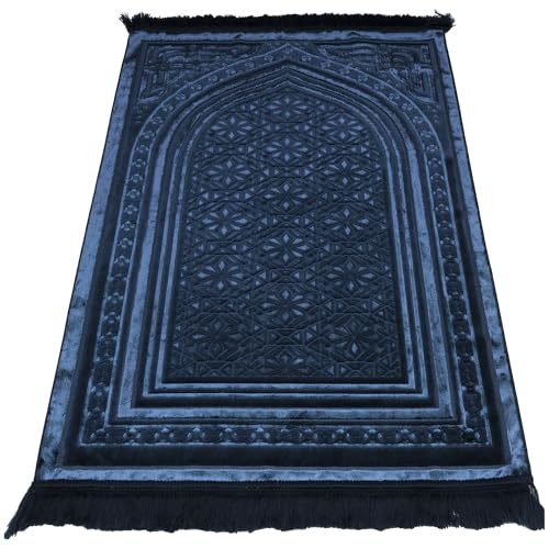 Modefa Luxury Velvet Prayer Rug with Prayer Beads | Soft Elegant Muslim Turkish Janamaz Sajada Carpet for Men and Women | Plain Solid Prayer Mat Ramadan Eid Gift - Najma (Navy Blue) - color: Najma Navy Blue