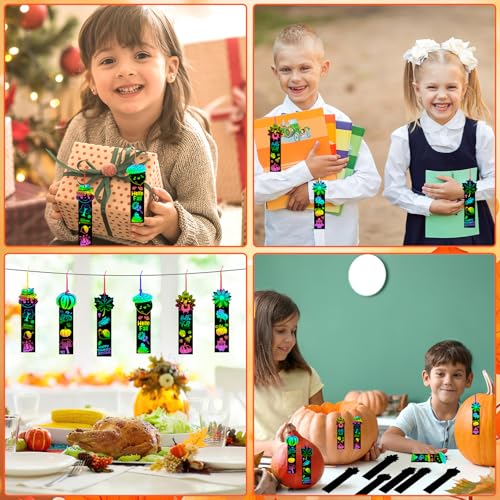 JUNEBRUSHS 30Pcs Fall Scratch Bookmarks, Rainbow Magic Scratch Paper Art Hello Fall Autumn Leaves Pumpkin Turkey DIY Crafts Kit for School Classroom Activity Thanksgiving Party Favor - style: Fall Style
