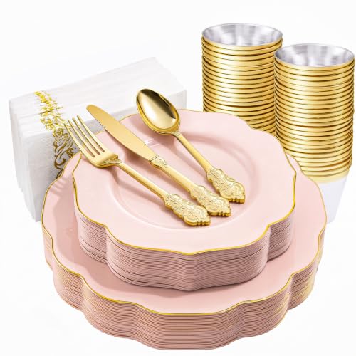 NOCCUR 175PCS Pink Plates with Gold Disposable Silverware - Include 50 Pink Plastic Plates,25 Knives,25 Forks,25 Spoons,25 Cups and 25 Napkins - Ideal for Party/Wedding/Banquet/Baby Shower - color: Pink, size: 175 Pieces (25 Guests)