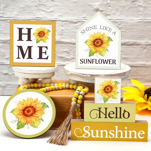 Yousoontic 7 Pcs Summer Party Sunflower Tiered Tray Decor Set, Rustic Farmhouse Wooden Table Decorations with Honey Bee Accents and Bead Garland for Kitchen, Tabletop, Mantel, Housewarming Gift - style: Sunflower