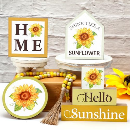 Yousoontic 7 Pcs Summer Party Sunflower Tiered Tray Decor Set, Rustic Farmhouse Wooden Table Decorations with Honey Bee Accents and Bead Garland for Kitchen, Tabletop, Mantel, Housewarming Gift - style: Sunflower