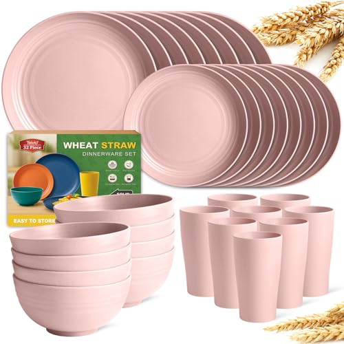Teivio 32-Piece Plates and Bowls Sets for 8, Pink Kitchen Dinnerware Sets - color: Pink