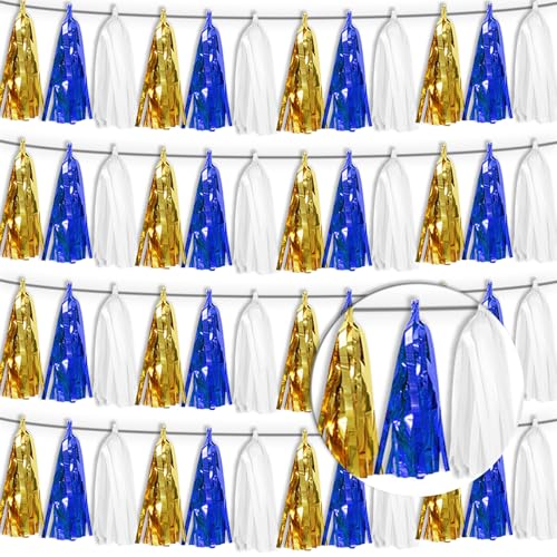 4 Pack Navy-Blue White and Gold Tassel Banner Garland Metallic Foil Fringe Banner Tinsel Tassels Streamer Banner Backdrop for Parade Floats, 2025 Graduation, Retirement Party Decoratio - color: Navy Blue White Gold