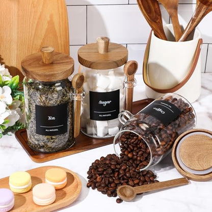 3 Pcs Glass Coffee Container Wood Lid, 25 Oz, acacia Brown | Coffee Tea Sugar Canister Set, Airtight Jar Food Storage with Wood Spoon Tray Labels, Kitchen Counter Bar Organization - size: 25 oz