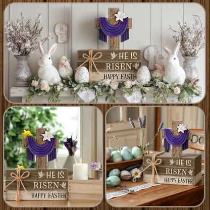4 Pcs Easter Decorations He is Risen Wooden Sign Christian Table Centerpiece Religious Cross Tiered Tray Decor Decorative Faux Book Stack Block (Easter) - style: Easter