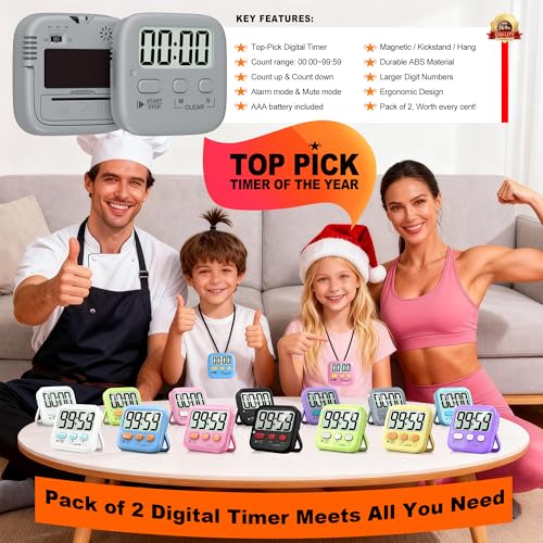 2 Pack Digital Timer for Kids Classroom Kitchen Timers for Cooking | w/ Battery, Easy to View, Alarm, Mute Mode, Count Down/Up, Magnetic, Kickstand, Hanging, Classroom Timer for Teacher Supplies - color: Space Grey