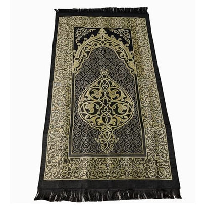 Taffeta Muslim Prayer Rug Set, Black Gold Kaaba Door Gift Box - color: Black/Cylinder Gift Box