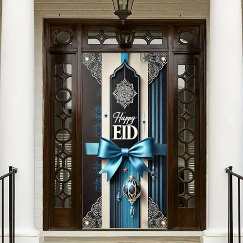 Eid Door Cover Banner 71x35 Inch Blue Bow Lantern Star Pattern Ramadan Eid Mubarak Decoration Indoor Outdoor Muslim Festival Front Door Porch Wall Decor - color: Style 2