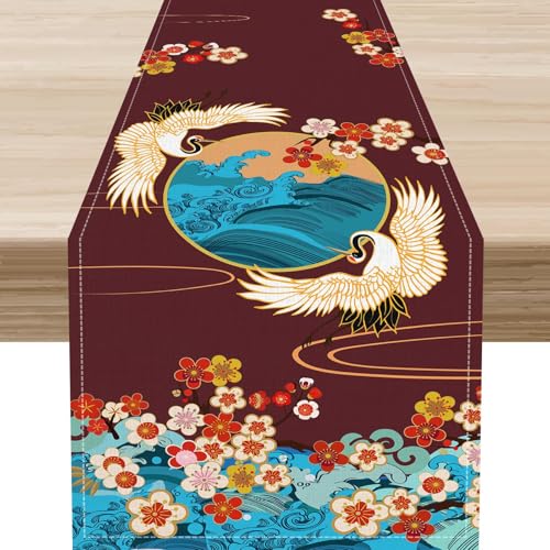 Japanese Table Runner, Cherry Blossom Asian Pine Tree Crane Birds Anime Nature Vintage Asian Oriental Chinese Elegant Table Center Decor for Home Kitchen Dining Patio Indoor Outdoor, 13"x36" Inch - color: Japanese-13, size: 13x36" Table Runner