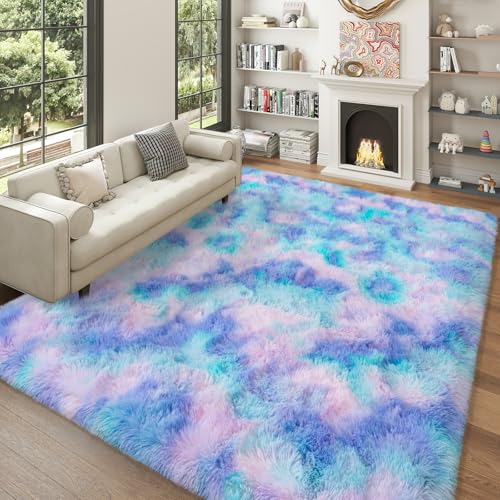Dssimo Cute Furry Purple Rainbow Rugs for Bedroom Girls Room Decor - color: Tie-dye Blue Puple Rainbow, size: 5' x 7' (Rectangular)
