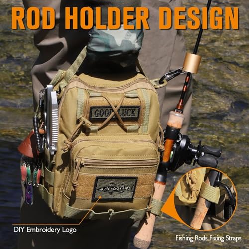 Small Fishing Backpack, Waterproof Fly Fishing Sling Pack Tackle Bag with Tackle Boxes - color: D-Size:17.7*8.5*5.7in-Khaki(NO TACKLE BOX)