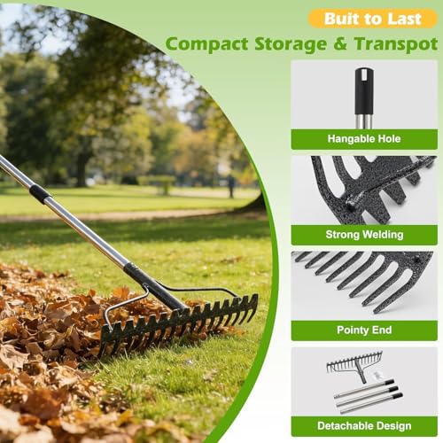 Bow Rake,Heavy Duty Metal Garden Rake for Moving Gravel Loosening Soil Leveling Ground Gathering Leaf Debris Spreading Mulch, 17 Tines,Adjustable Handle, for Lawn Garden Farm Landscape Work (77") - style: 77"