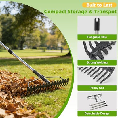 Bow Rake,Heavy Duty Metal Garden Rake for Moving Gravel Loosening Soil Leveling Ground Gathering Leaf Debris Spreading Mulch, 17 Tines,Adjustable Handle, for Lawn Garden Farm Landscape Work (77") - style: 77"