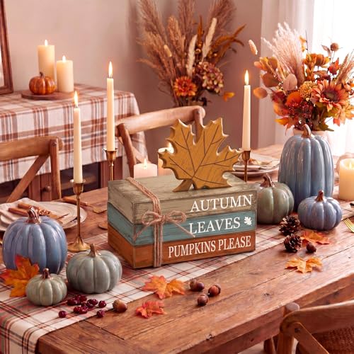 4 Pcs Fall Decorations for Home Rustic Autumn Wooden Maple Leaves Book Stack Block Sign Decorative Fall Tiered Tray Decor Thanksgiving Table Centerpiece for Harvest Office Kitchen Shelf Indoor - style: Maple Leaves