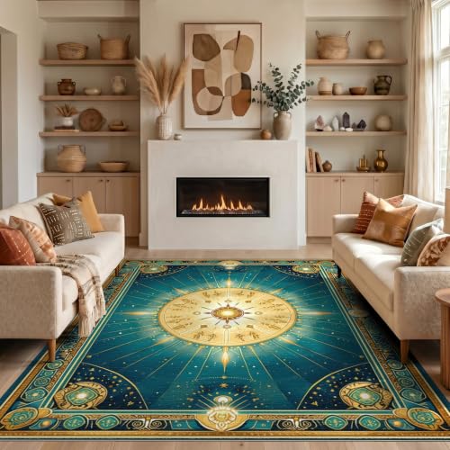 2'x3' Teal Gold Chakra Celestial Harmony Washable Throw Rug - color: Blue/Pattern 2, size: 2' x 3' (Rectangular)