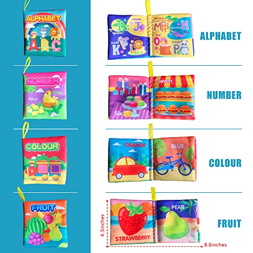 Soft Cloth Baby Books 4 Pack,ABC-Z&1-10&Colour&Fruit,Touch Crinkle Sensory Toys for Newborn Infants Toddler Non-Toxic Early Educational Preschool Learning Toy Gift 0-3 6-12 18 Months