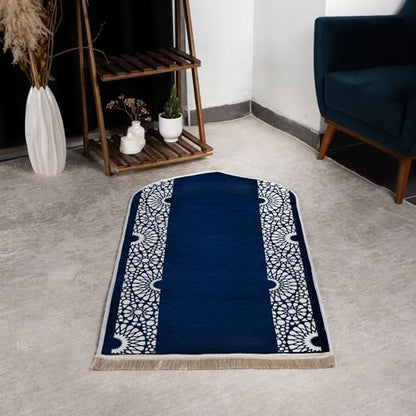 Modefa Turkish Islamic Prayer Mat - Chenille with Foam and Carrying Bag - Intricate Praying Rug Ramadan Eid Gift - Traditional Muslim Janamaz Seccade for Men Women - Mustaqim (Navy) - color: Navy