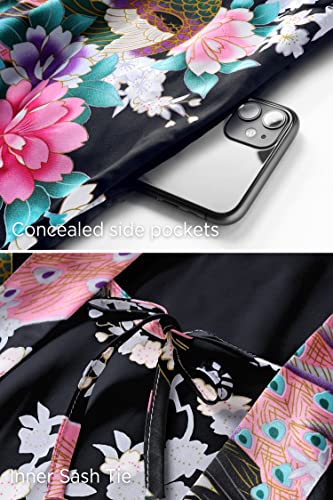 BABEYOND Women's Kimono Robe Long Satin Robes with Peacock and Blossoms Printed Kimono Nightgown - color: Black, size: One Size