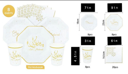 Eid Mubarak Party Disposable Tableware Set for Festive Celebrations, Parties, Muslim New Year - 8 Plates, 8 Cups, 20 Napkins, 1 Banner, 8 Desserts Plates (White)