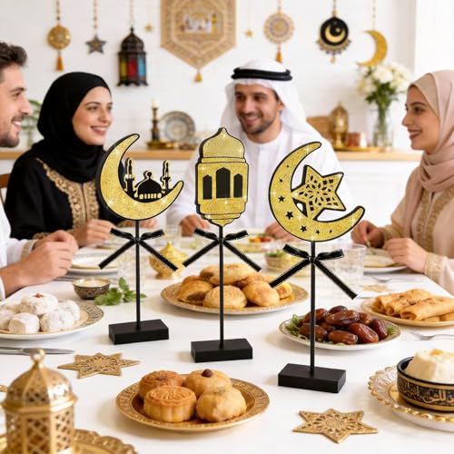 3 Pcs Ramadan Decorations Eid Mubarak Table Decor Wooden Set, Glitter Islamic Ramadan Tiered Tray Table Decorations,Ramadan Table Decor for Muslim Party Home Decor