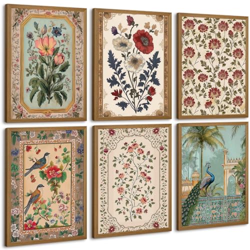 Indian Wall Art Vintage Floral Canvas Poster India Wall Decor Folk Flower Prints Scandinavian Pictures Antique Botanical Painting Gallery Artwork for Bedroom Living Room 12x16x6 Inch Wood Framed - color: Indian Floral Prints, size: 12"x16" Framed