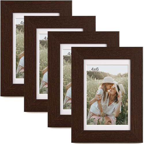 Momentworth 4x6 Picture Frame with Mat for 3.5x5, Walnut Wood Grain Dark Brown Gallery Wall Picture Frames for Tabletop or Wall Mounting(4 Pack, Walnut) - color: Walnut, size: 4x6 - 4 pack