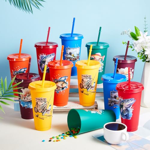 Chuangdi 12 Pcs Fishing Cups with Lid Straw 24oz Party Decorations, Fishing | Reusable Plastic Fishing Tumblers with Lid and Straw, Fishing Birthday Party Decorations, Fishing Gift for Fathers Men - style: Fishing