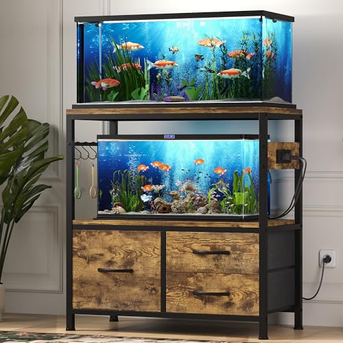 Heybly 20-29 Gallon Fish Tank Stand, Aquarium Stand with Drawer, Power Outlet, Heavy Duty Metal Frame, for Fish Tank, Turtle & Reptile Terrarium, 31.5" x 15.7" Top, 330lbs, Rustic Brown HAS001SR - color: Rustic Brown, size: 20-29 gal